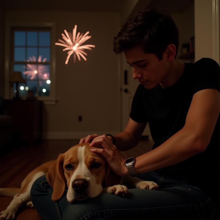 A dog being comforted during fireworks