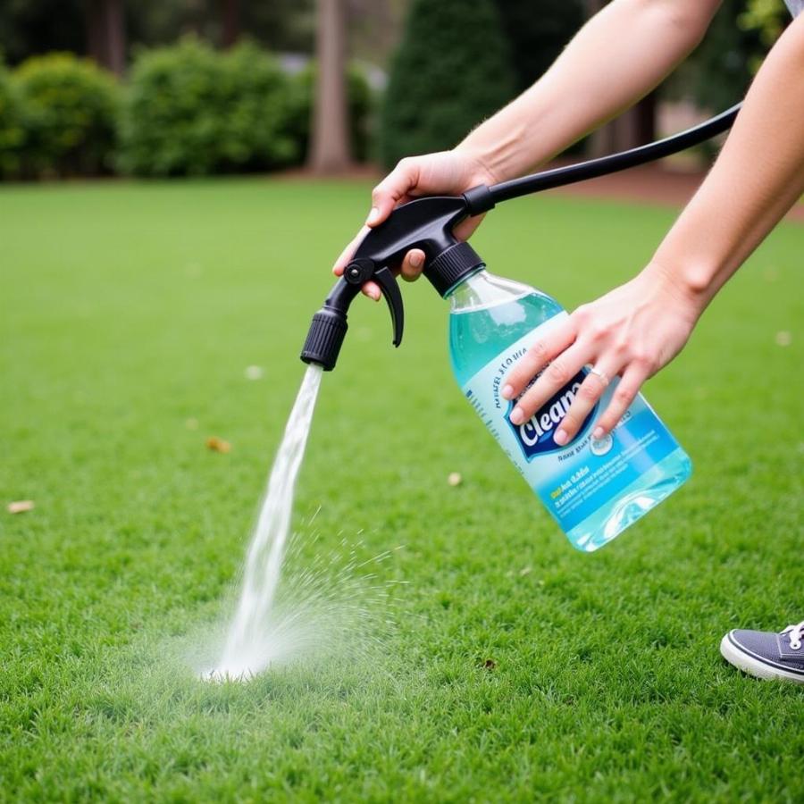 Person cleaning artificial turf with a hose and specialized cleaning solution