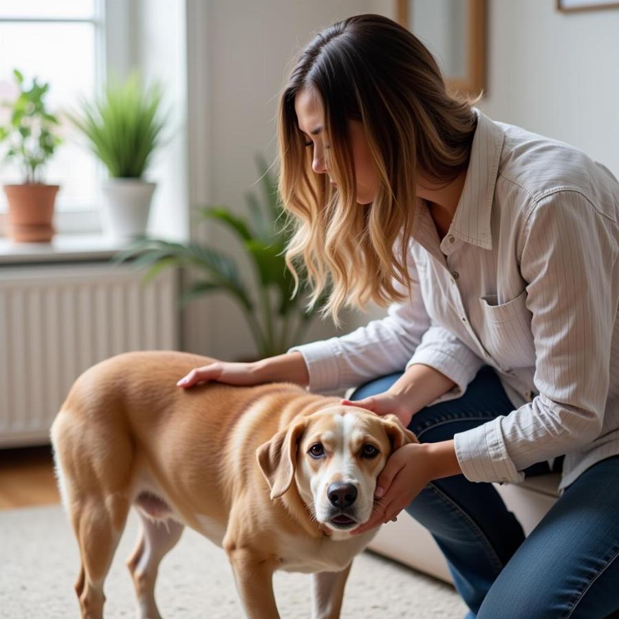 Concerned Dog Owner Listening to Dog's Belly