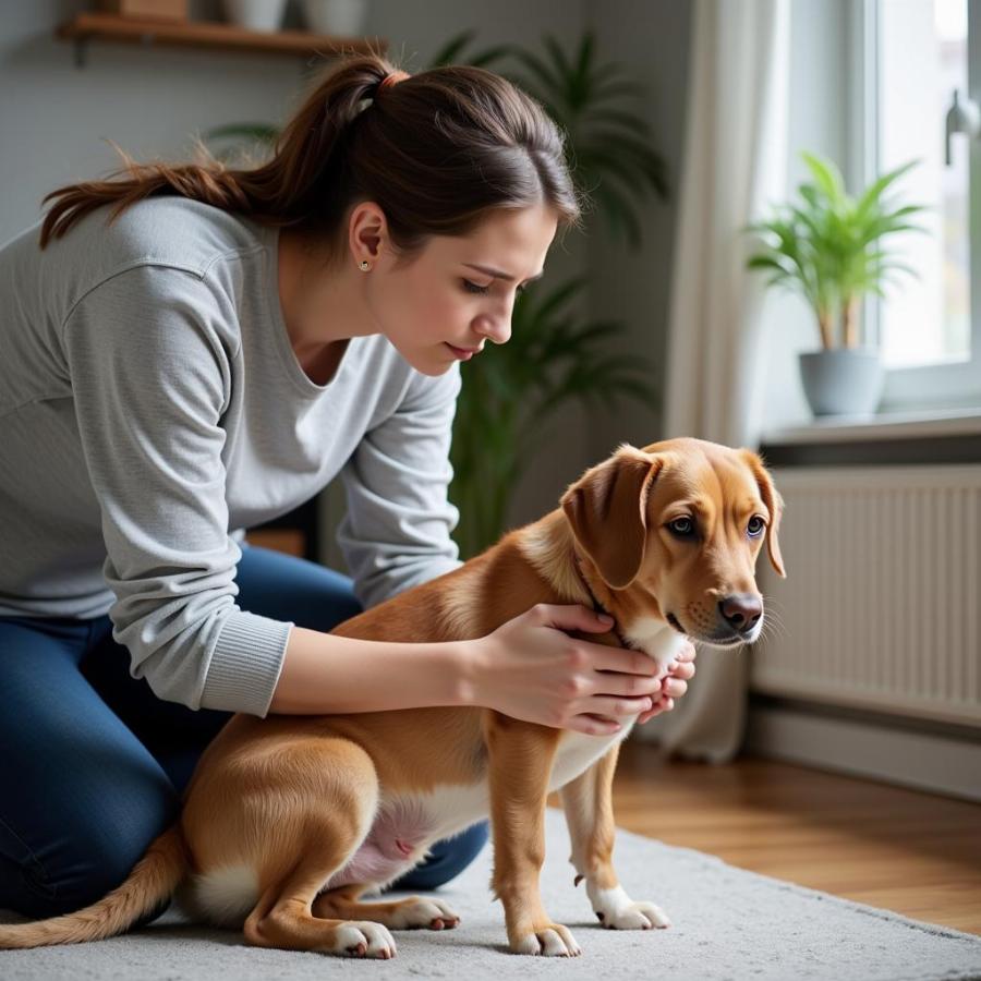 Concerned Owner Checking Dog After Vomiting