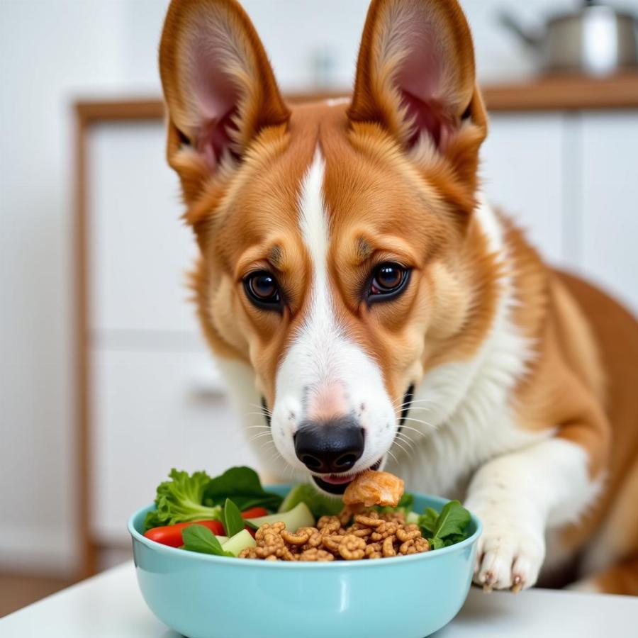 Corgi enjoying a healthy meal