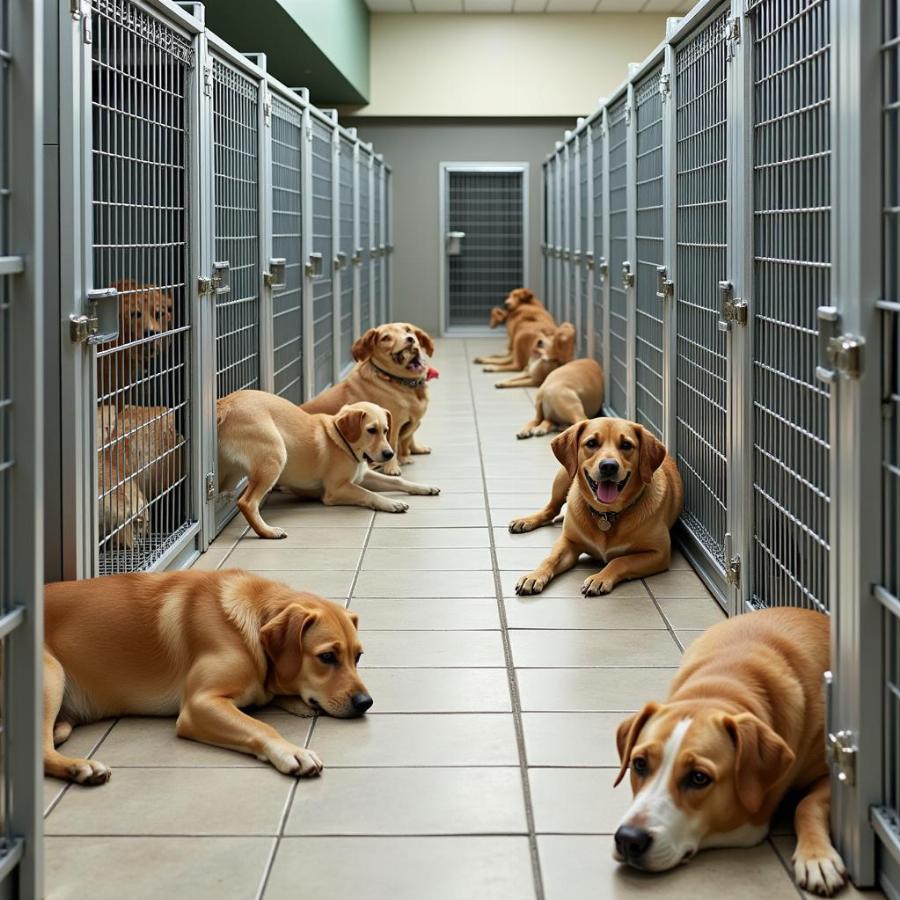 Cramped dog kennels with limited space, highlighting the importance of adequate space in a dog boarding facility.