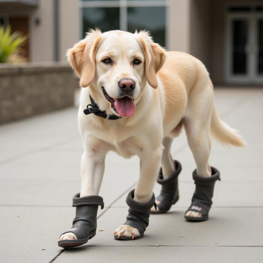 Chó cưng đeo Pawz rubber dog boots khi đi dạo