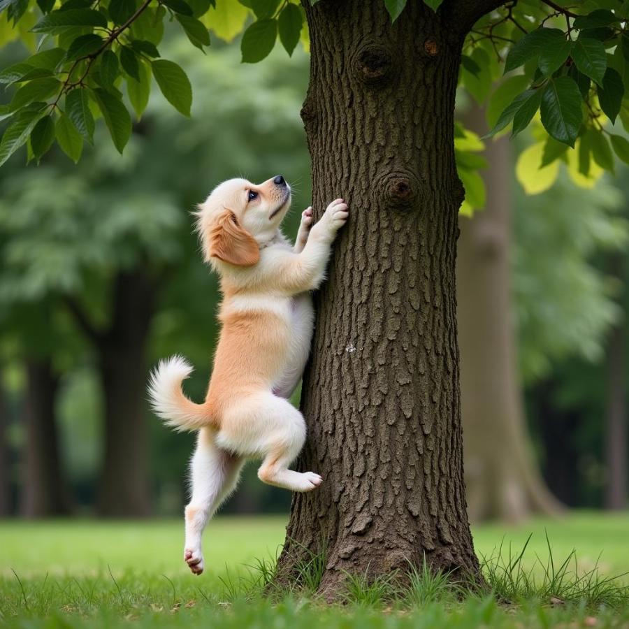 Curious Dog Climbing a Tree in a Park