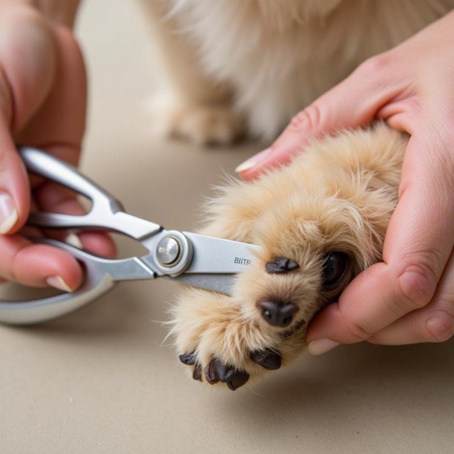 Close-up view of curved shears being used to trim a dog's paw