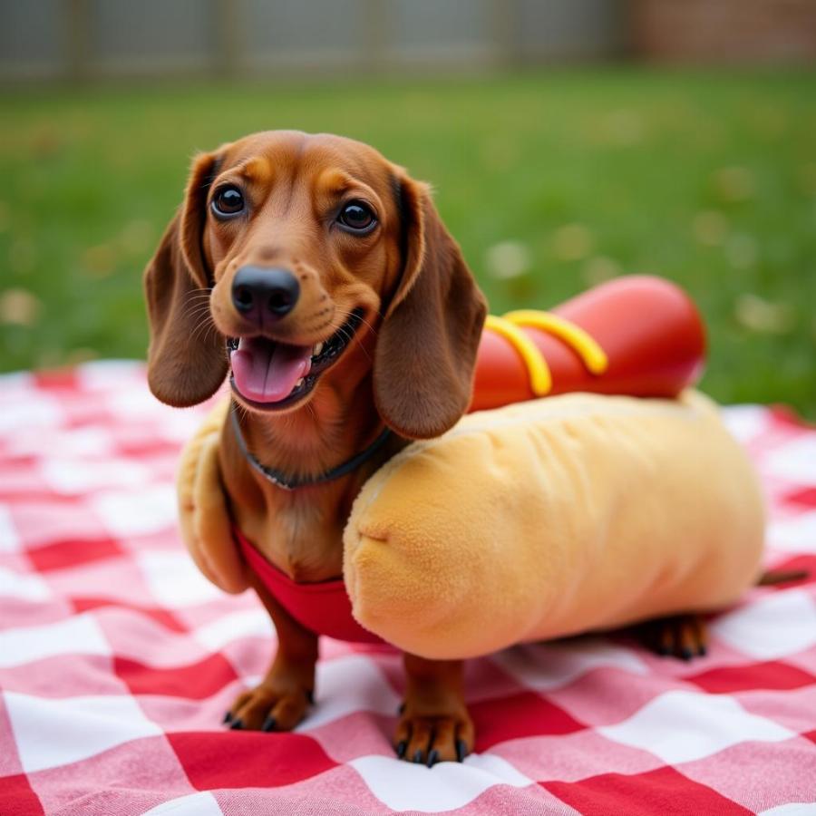 Dachshund in a hot dog costume