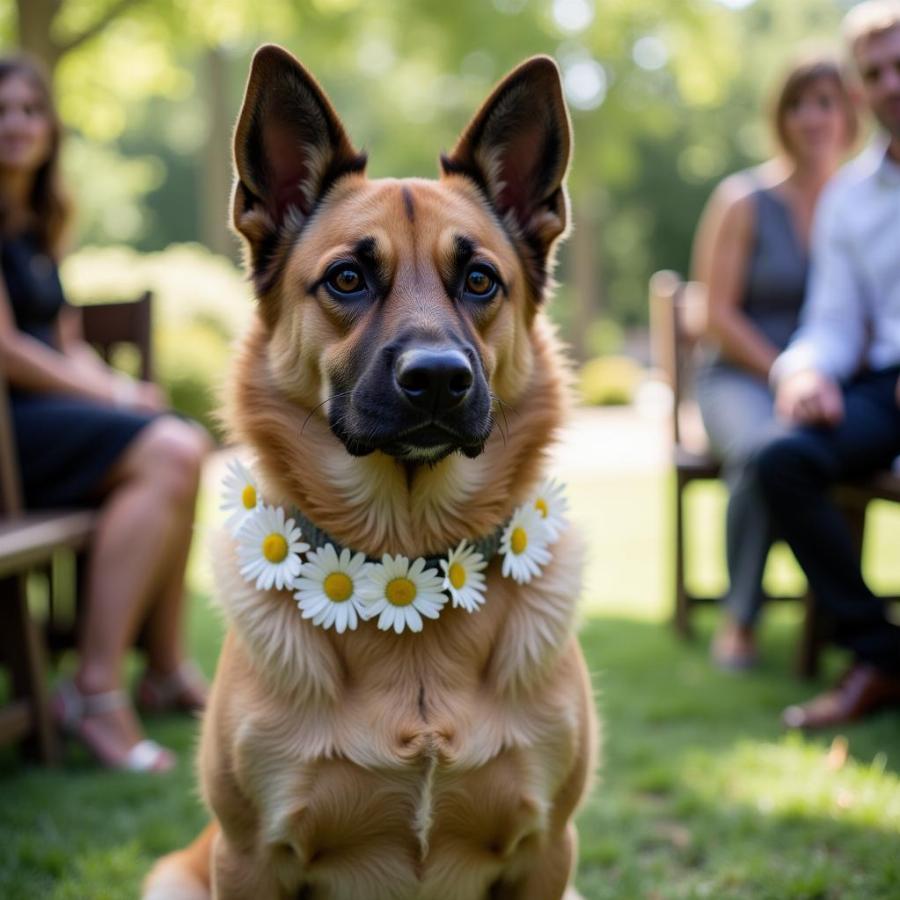 Dog Wearing a Daisy Collar at a Wedding