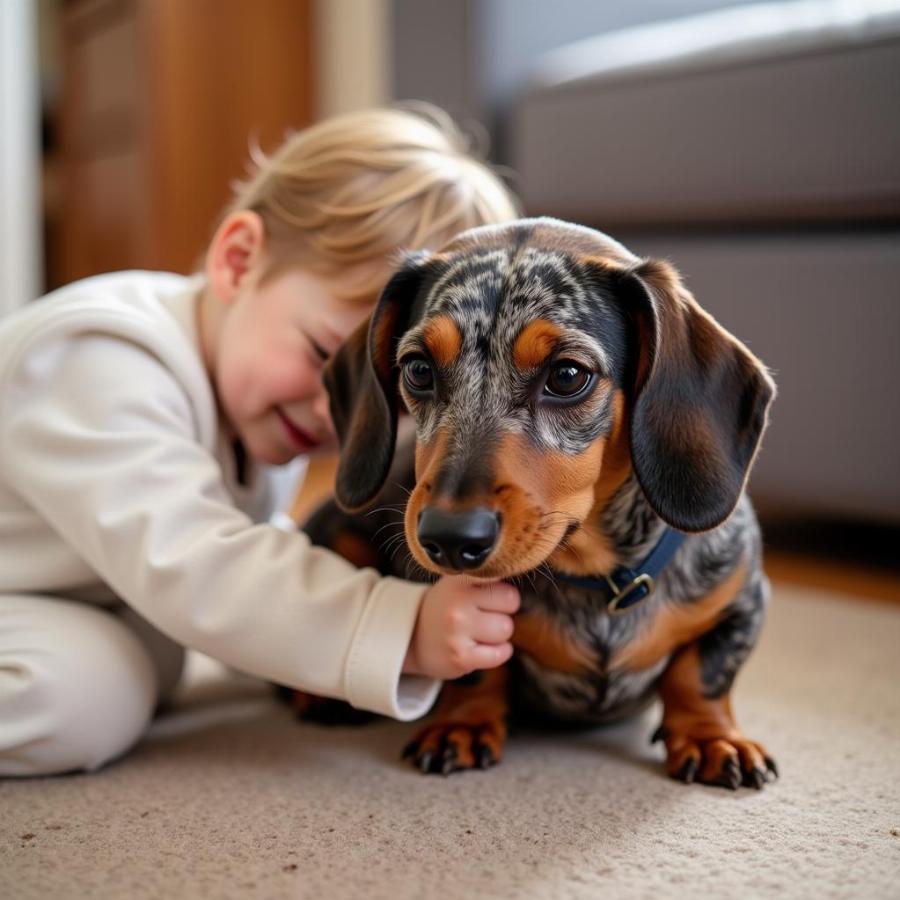 Dapple Dachshund Interacting Playfully with a Child