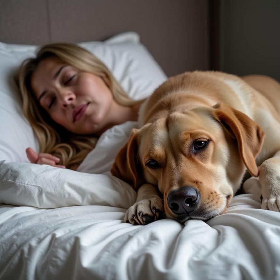 A dog lying next to its sick owner in bed