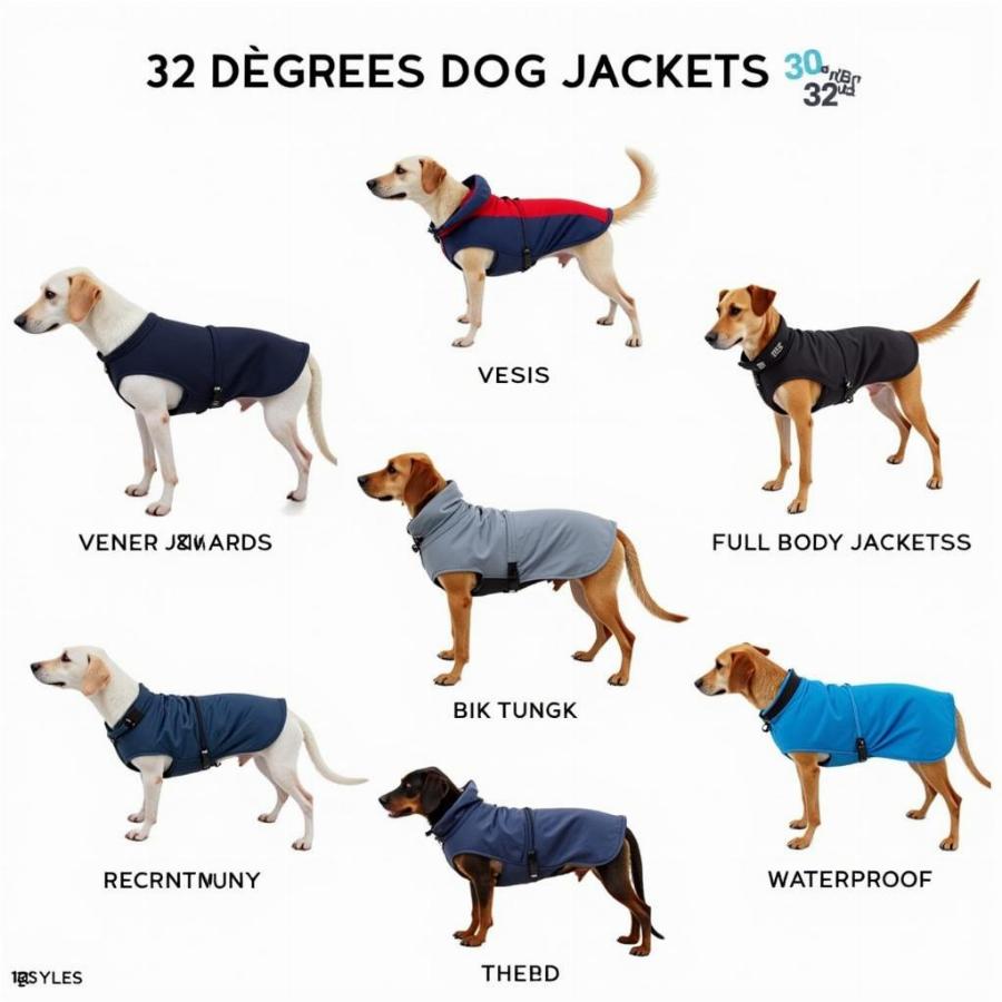 Various styles of 32 degrees dog jackets for different needs