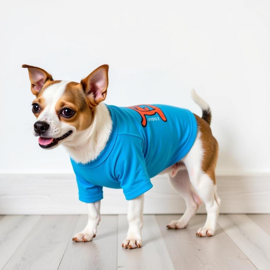 Dog wearing a repurposed t-shirt costume