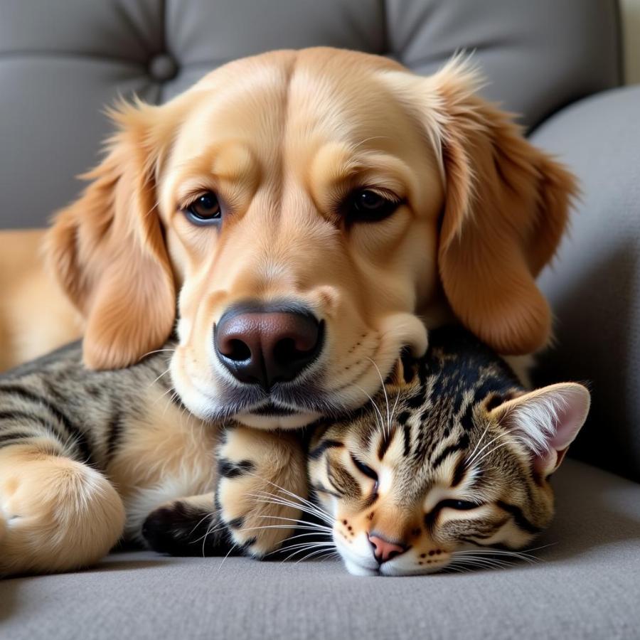 Dog and cat cuddling on a sofa, showing a peaceful coexistence.