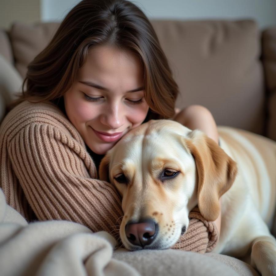 Dog and Owner Cuddling on the Sofa