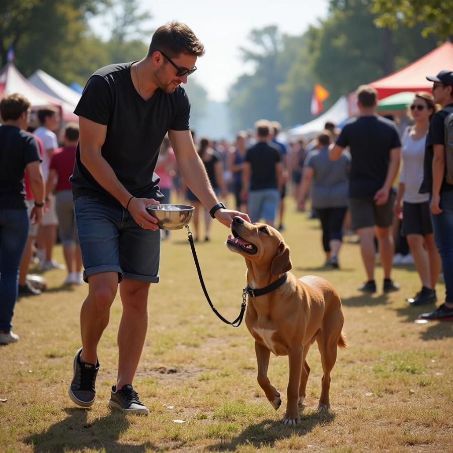 Dog navigating a crowded festival with its owner