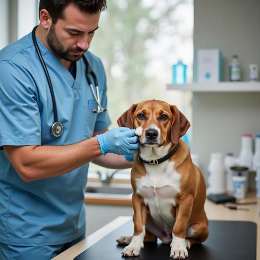 Dog at the vet for an anal gland checkup