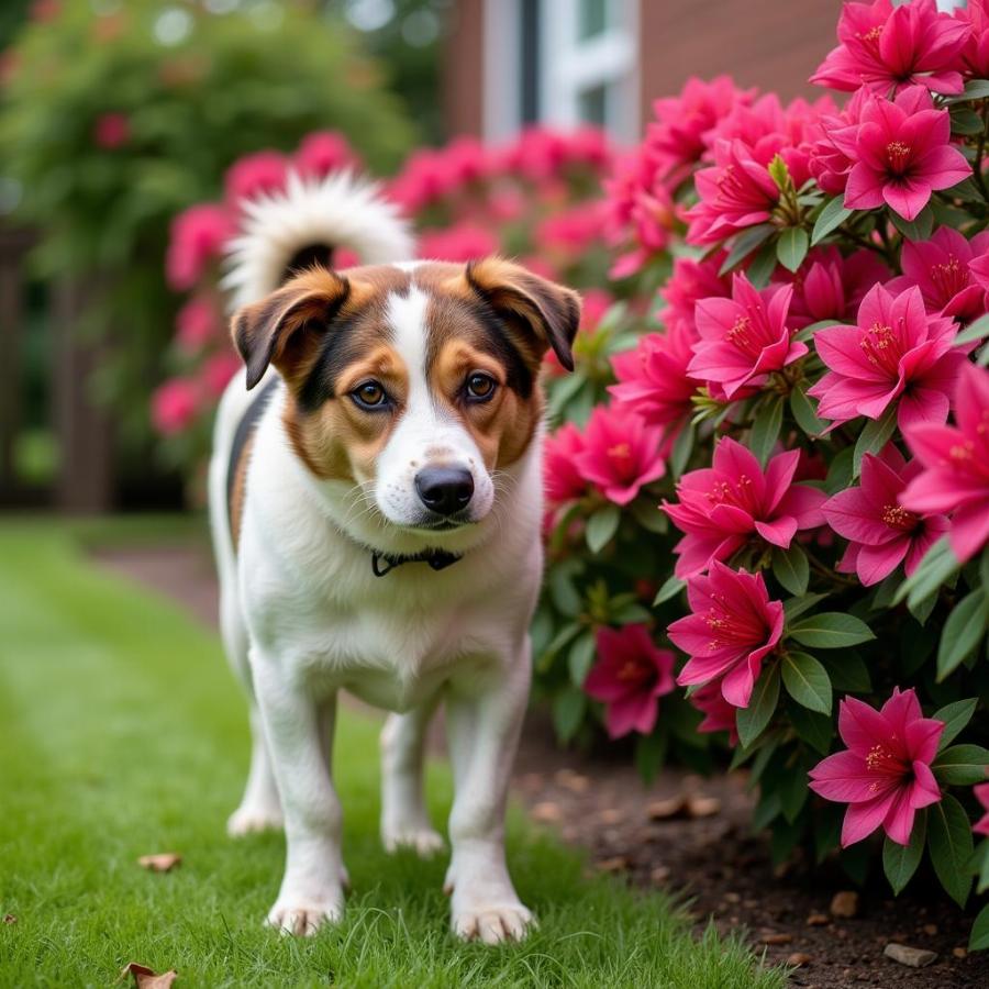 Dog Avoiding Azalea Bush in Garden