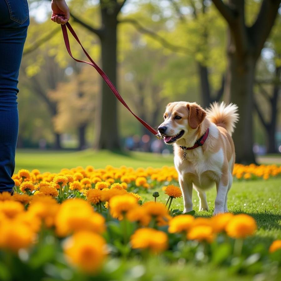 Dog Avoiding Bee-Attracting Flowers