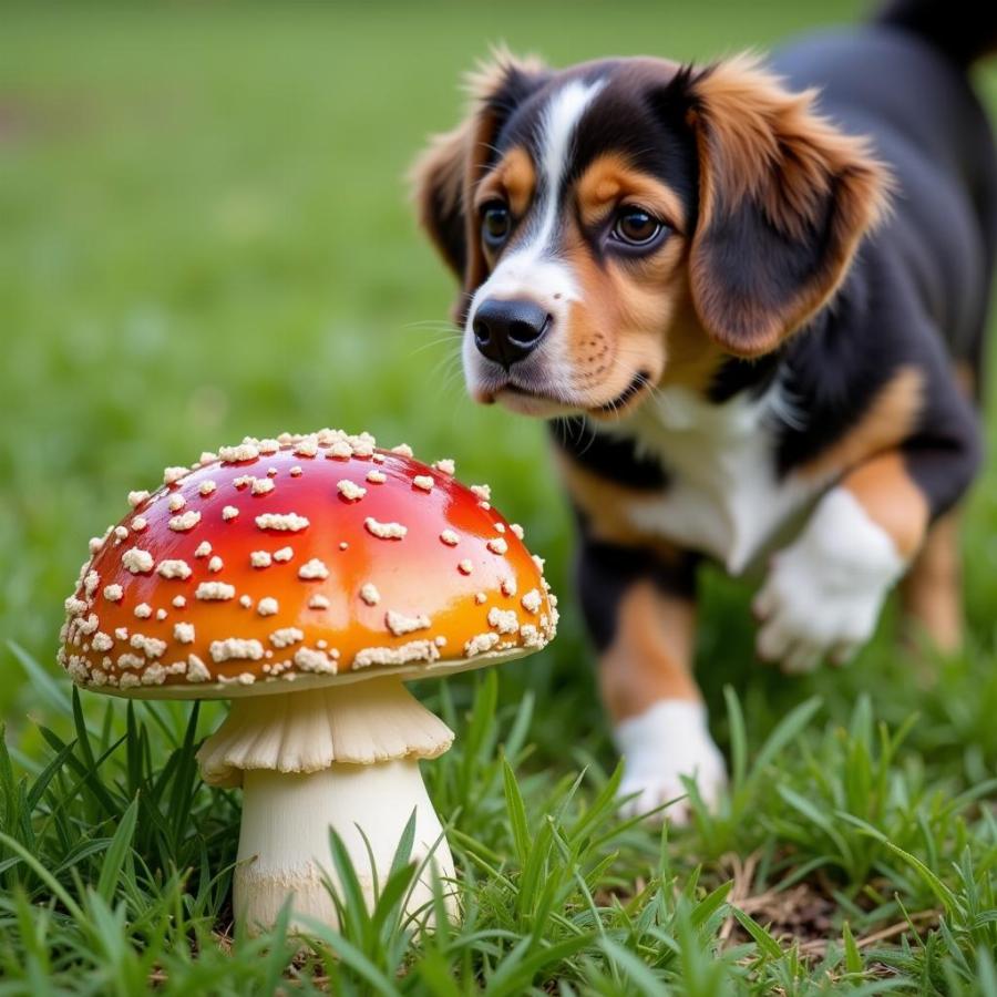 Dog Avoiding Stinkhorn Mushrooms in Yard