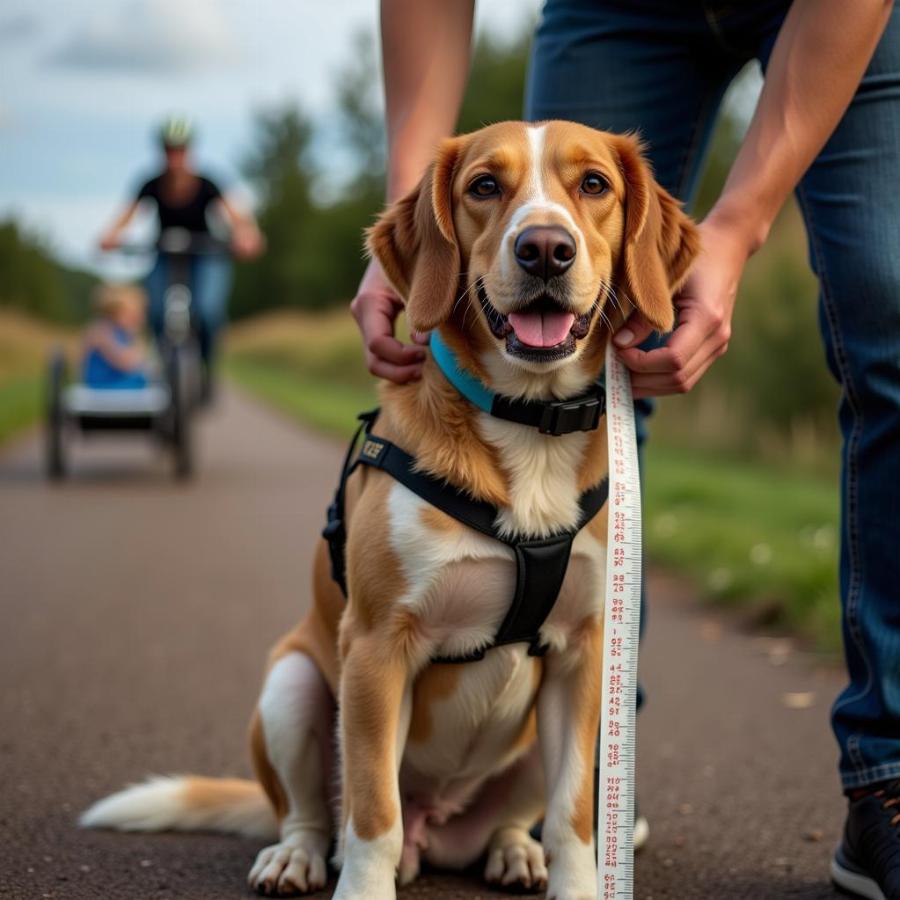 Dog being measured for bike trailer size