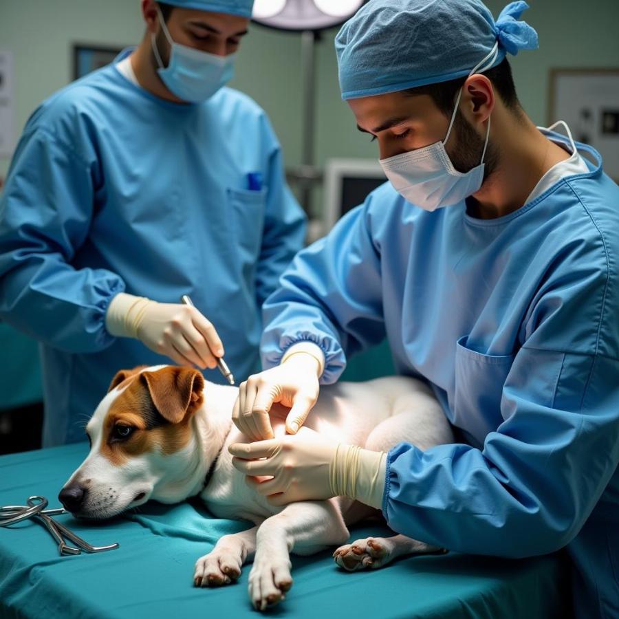 Veterinarian performing bowel obstruction surgery on a dog