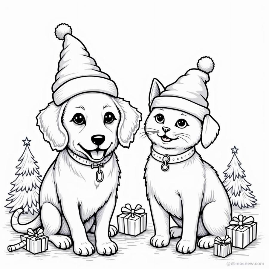 Dog and Cat Christmas Coloring Page