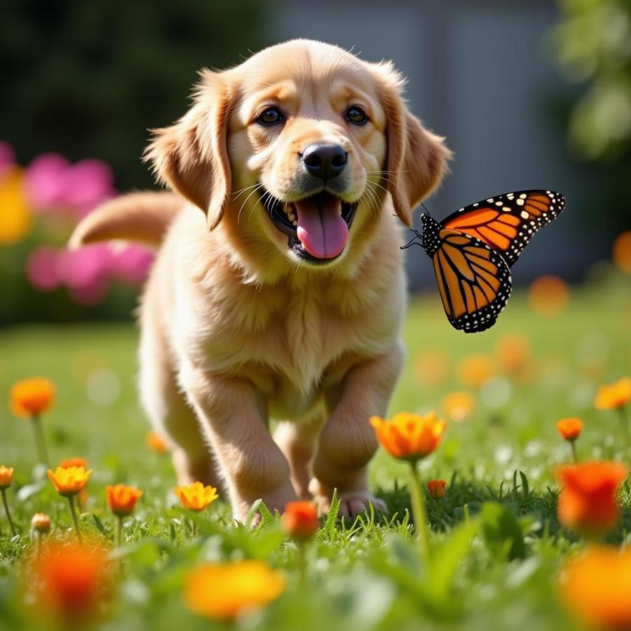 Dog Chasing a Butterfly in a Garden