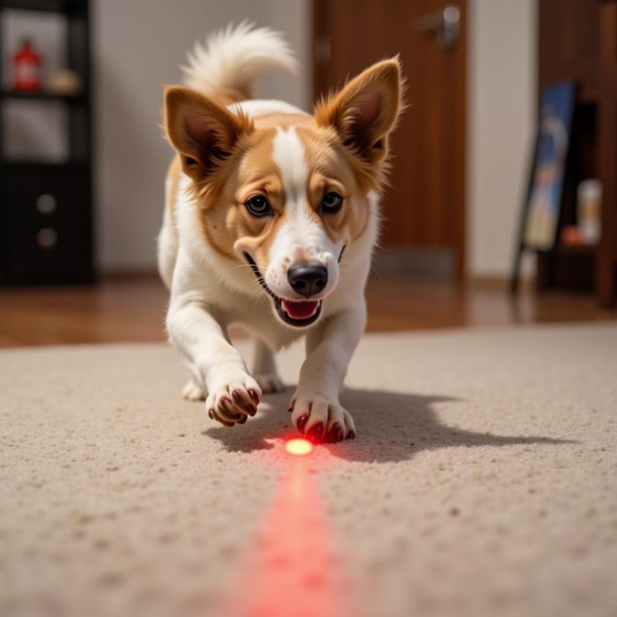 Dog Playing with Laser Pointer on Carpet