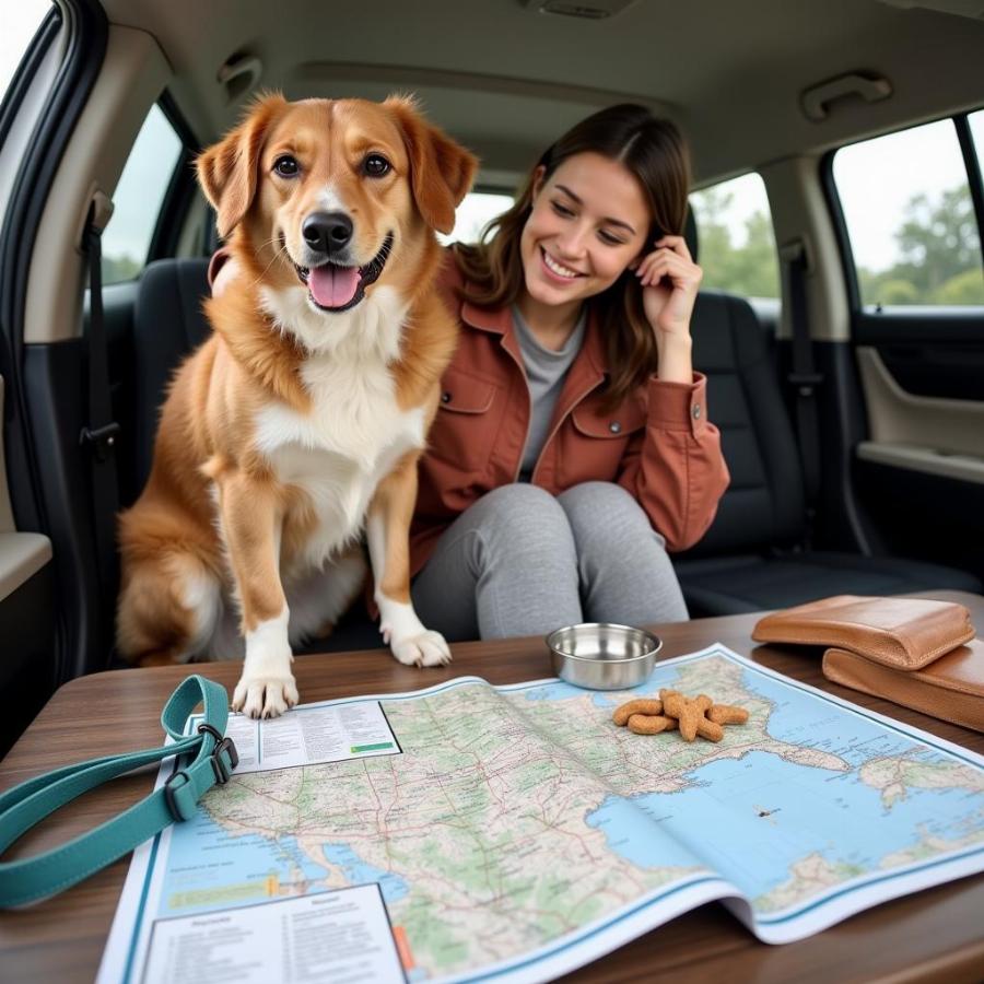 Dog Checking Map With Owner For Road Trip