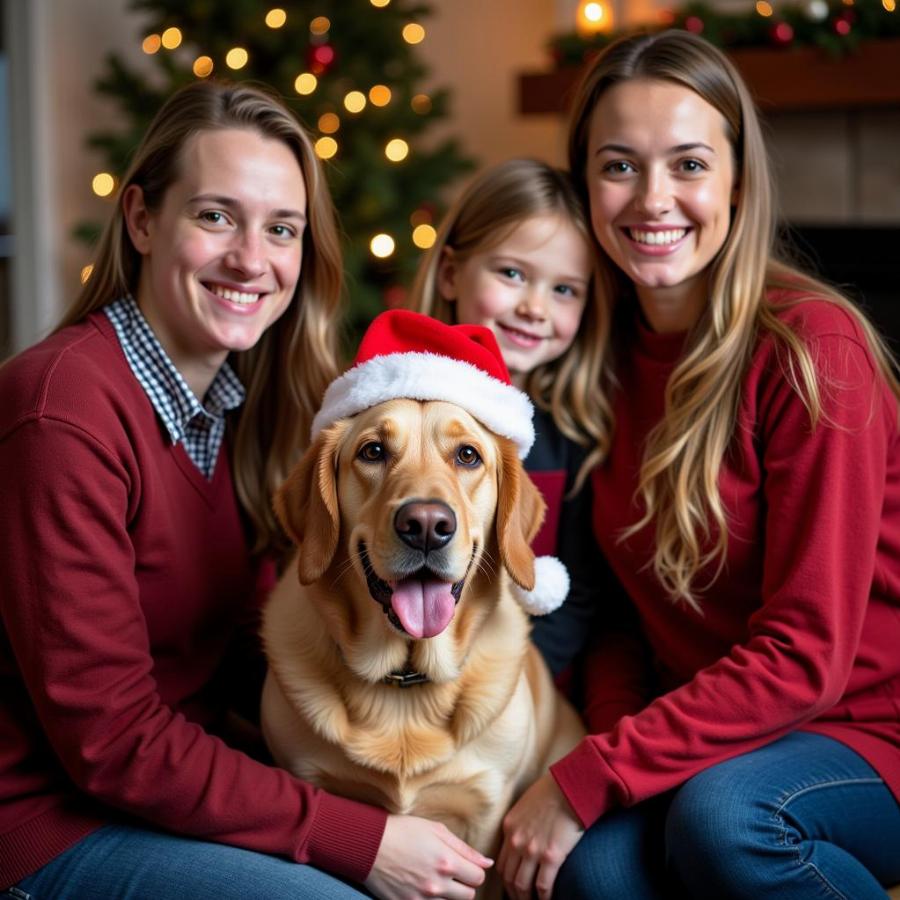 Dog in Santa Hat with Family for Christmas Photo