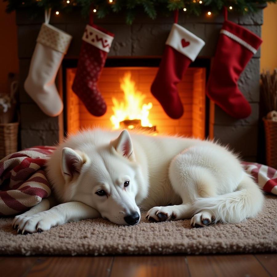 Dog Cuddled Up by Fireplace