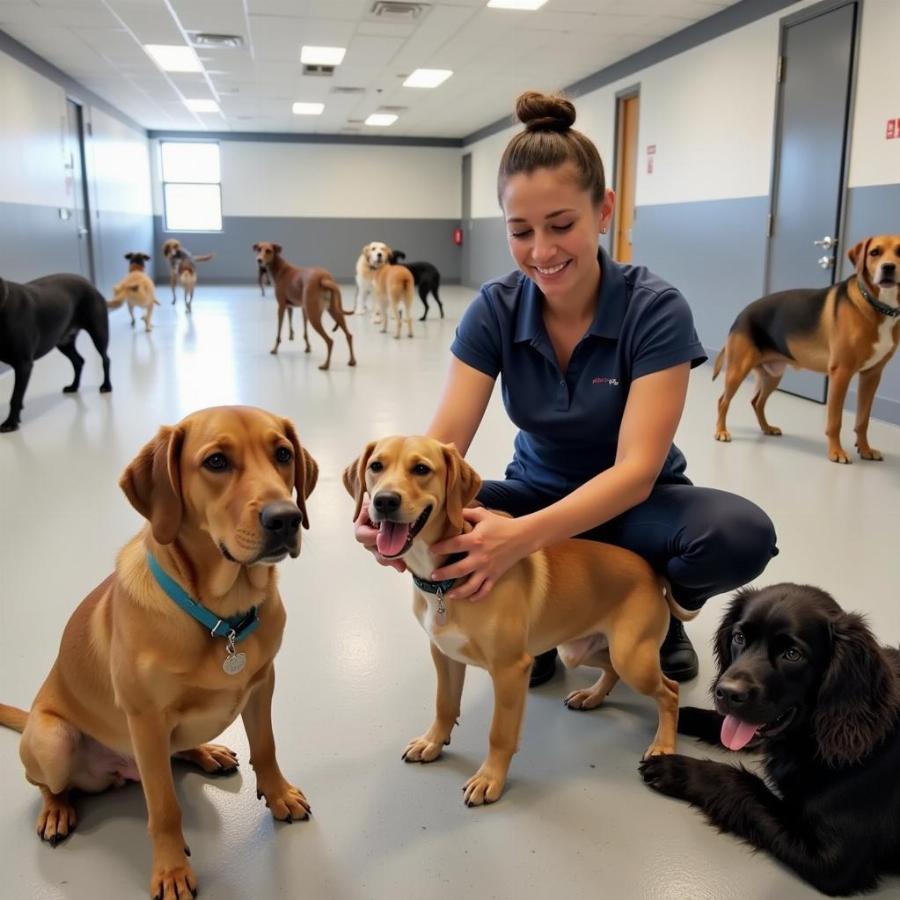 Dog daycare attendant interacting with a group of dogs