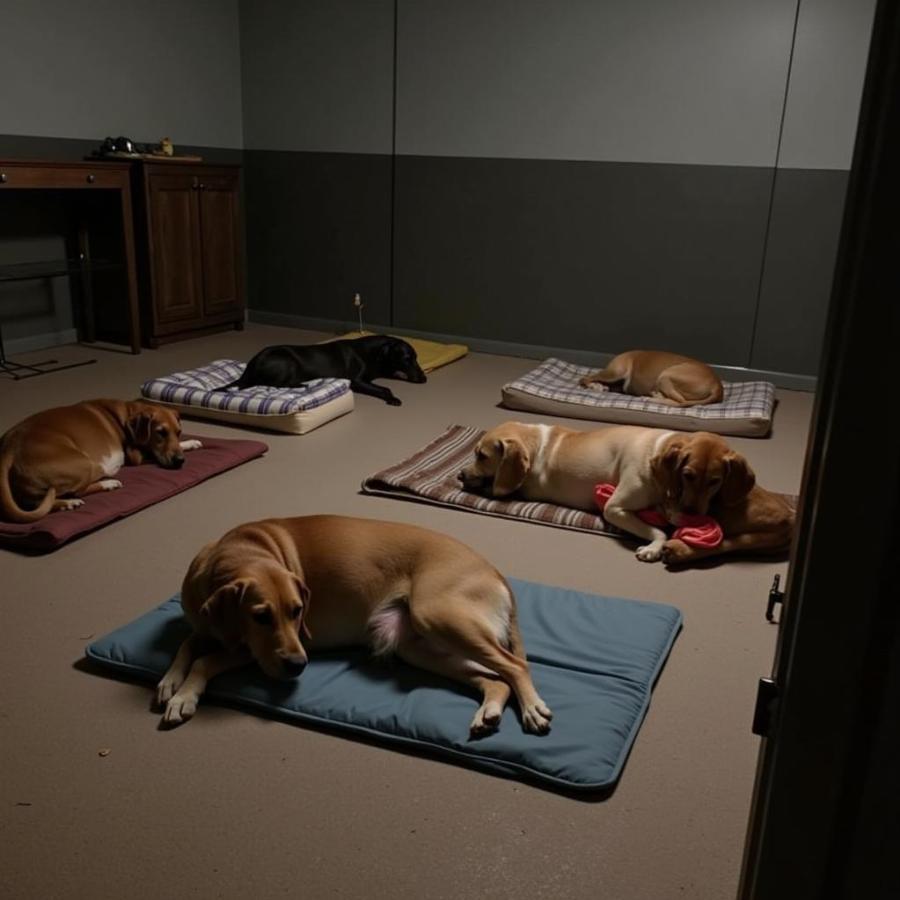 Dogs resting at a Rochester, MN dog daycare after playtime