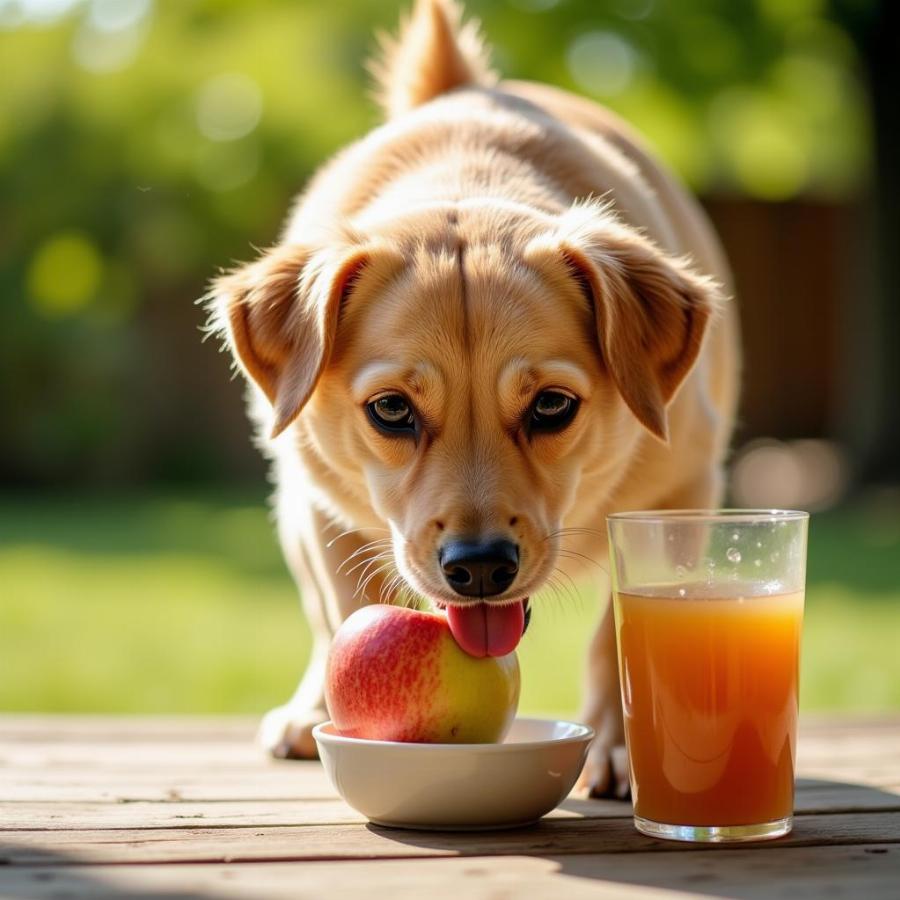 Dog Drinking Apple Juice from a Bowl