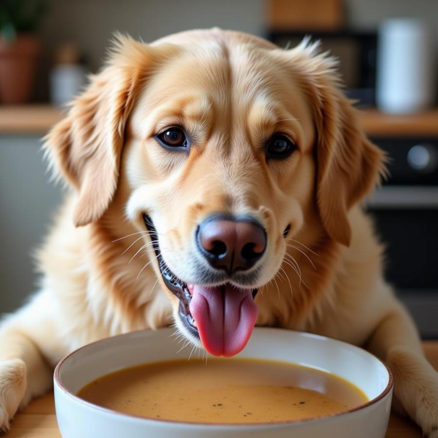 A dog enjoying a bowl of bone broth