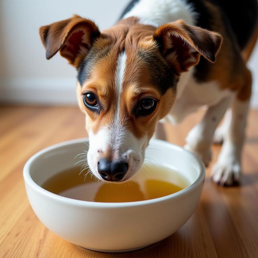 Dog drinking fish broth from a bowl