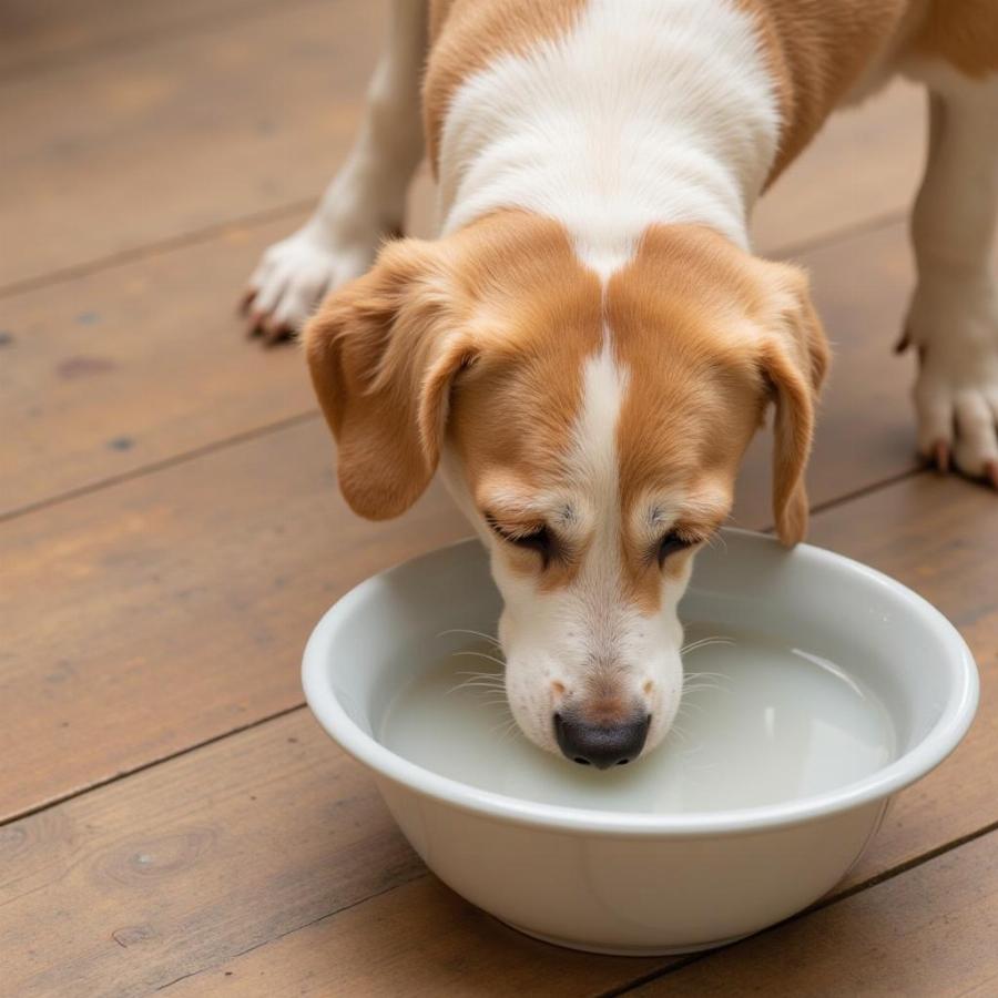 Dog Drinking Water After Eating a Hot Dog