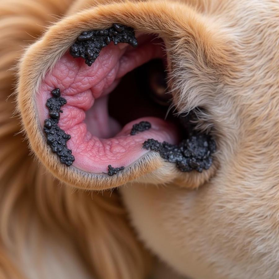 Close-up of a dog's ear showing signs of infection with black gunk