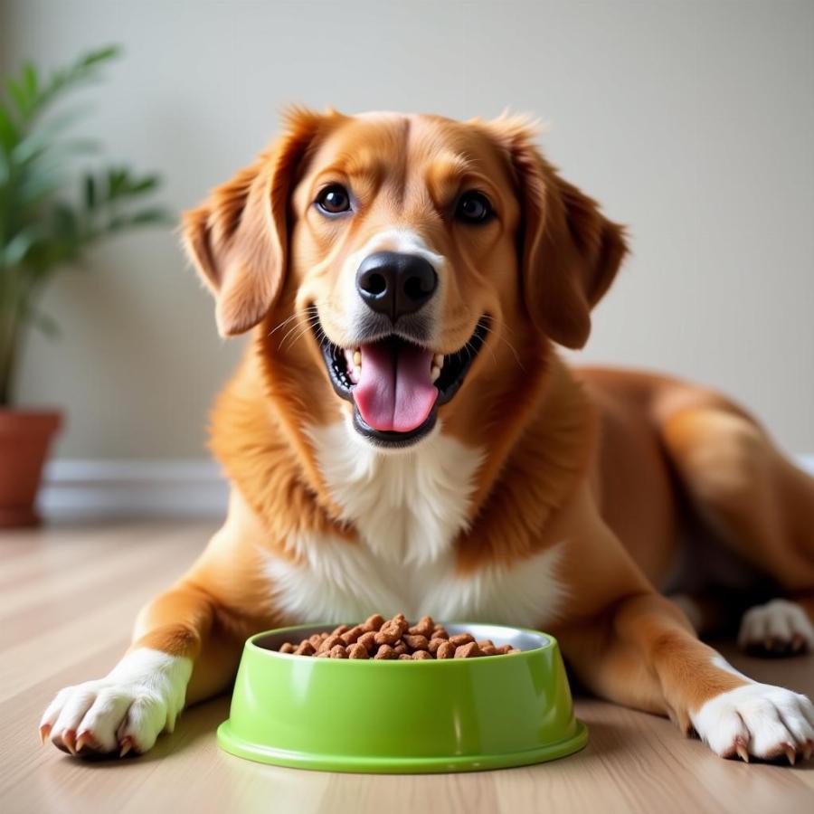 A happy dog eating 4health dog food from a bowl.