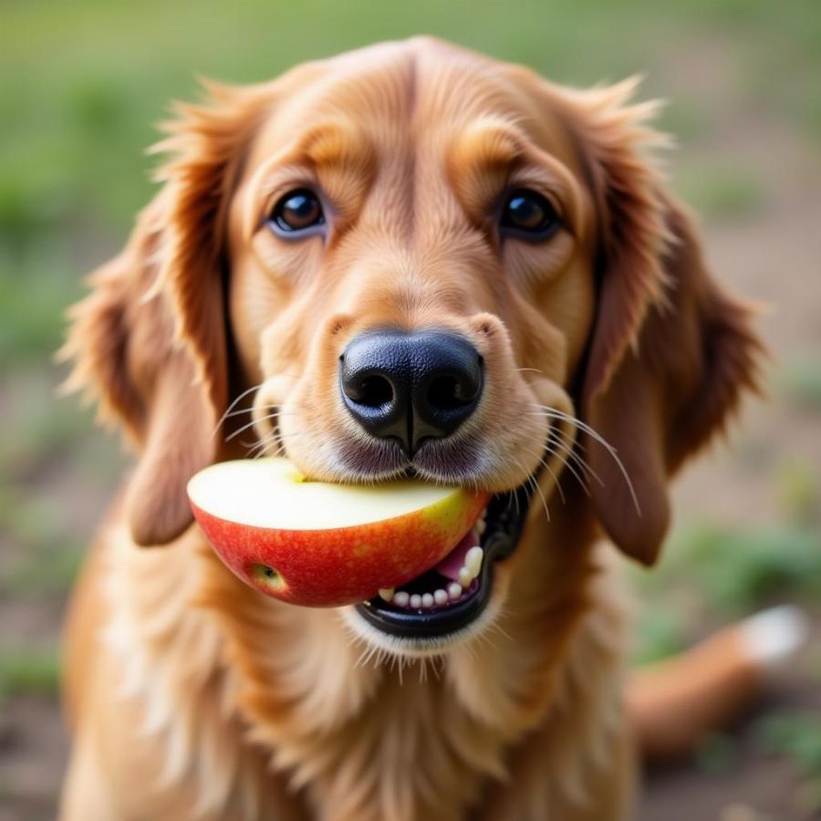 A dog safely enjoying an apple slice