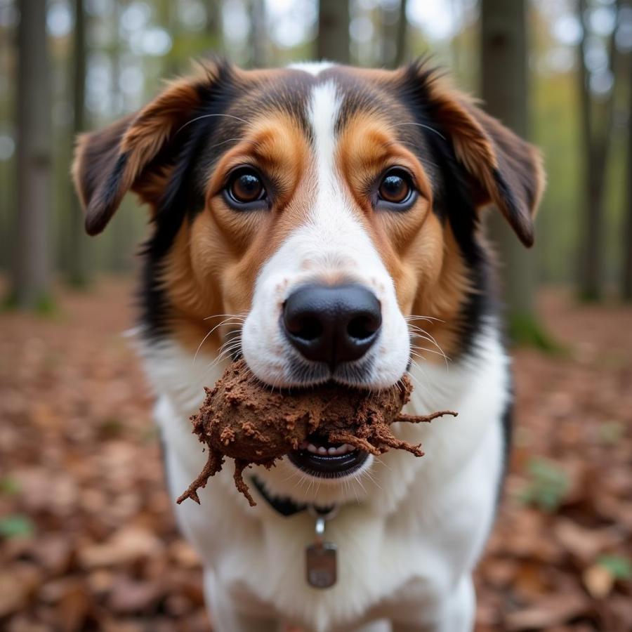 Dog Eating Deer Droppings in the Woods