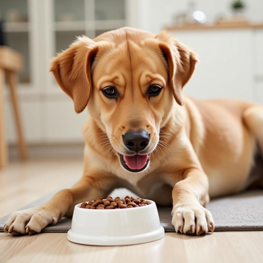 A Dog Eating Food from a Bowl