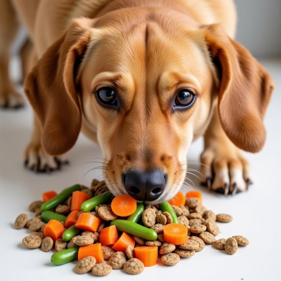 Healthy Dog Eating Kibble with Added Vegetables