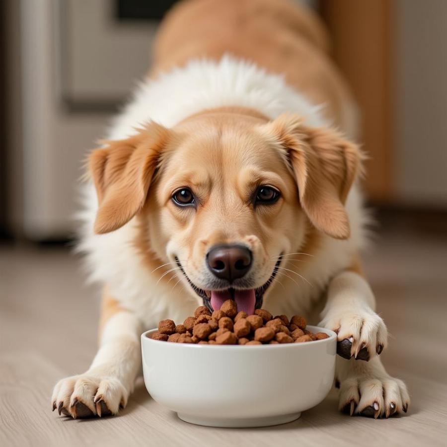 A dog enjoying a bowl of non-meat dog food