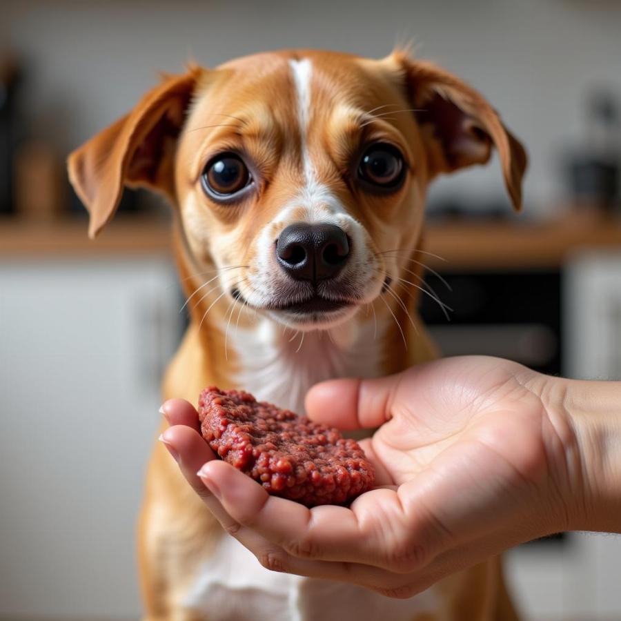 Dog Enjoying a Small Piece of Plain Hamburger