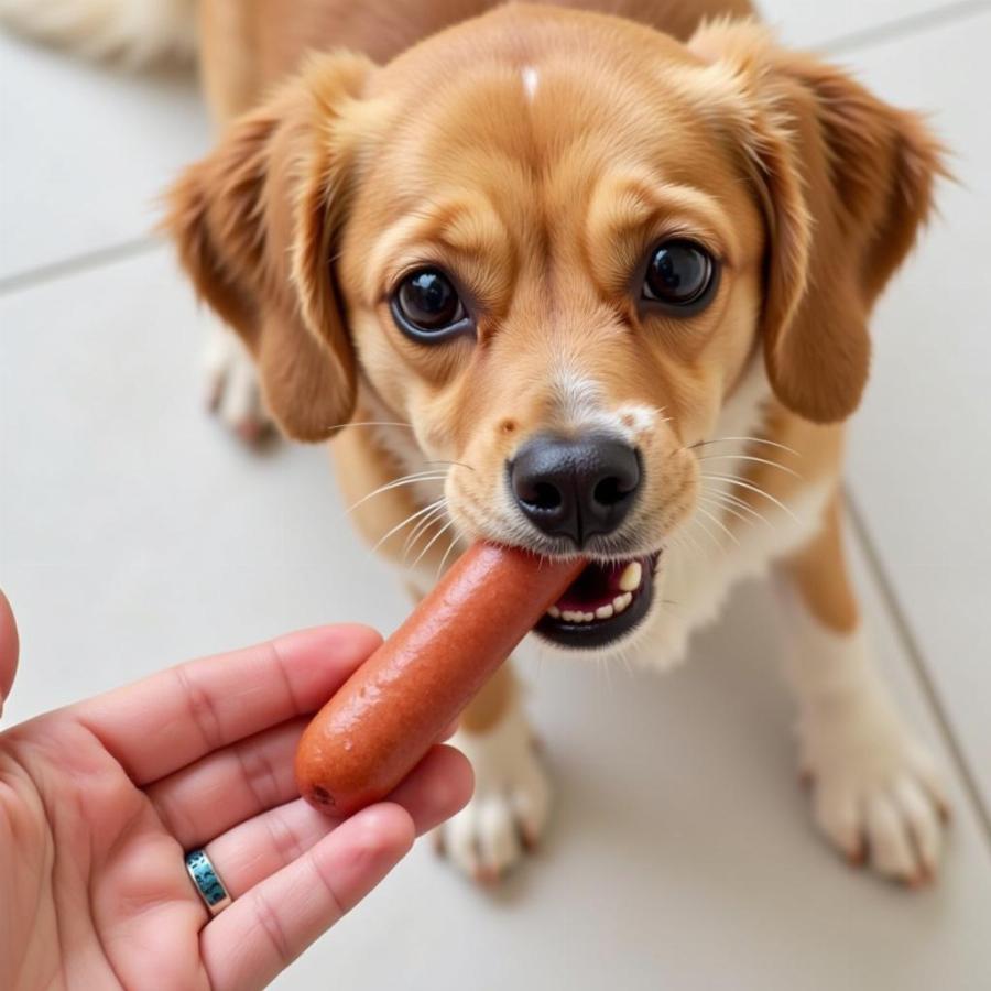 Dog Eating a Plain Hot Dog