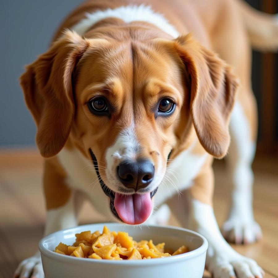 Dog enjoying sauerkraut from a bowl