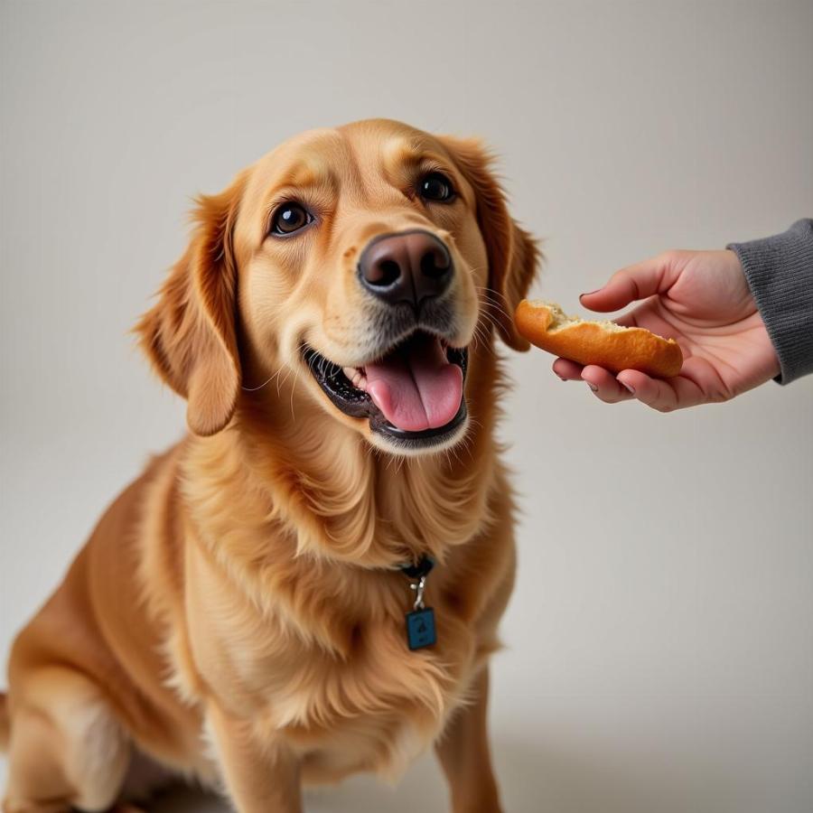 A dog enjoying a small, safe piece of a hot dog bun