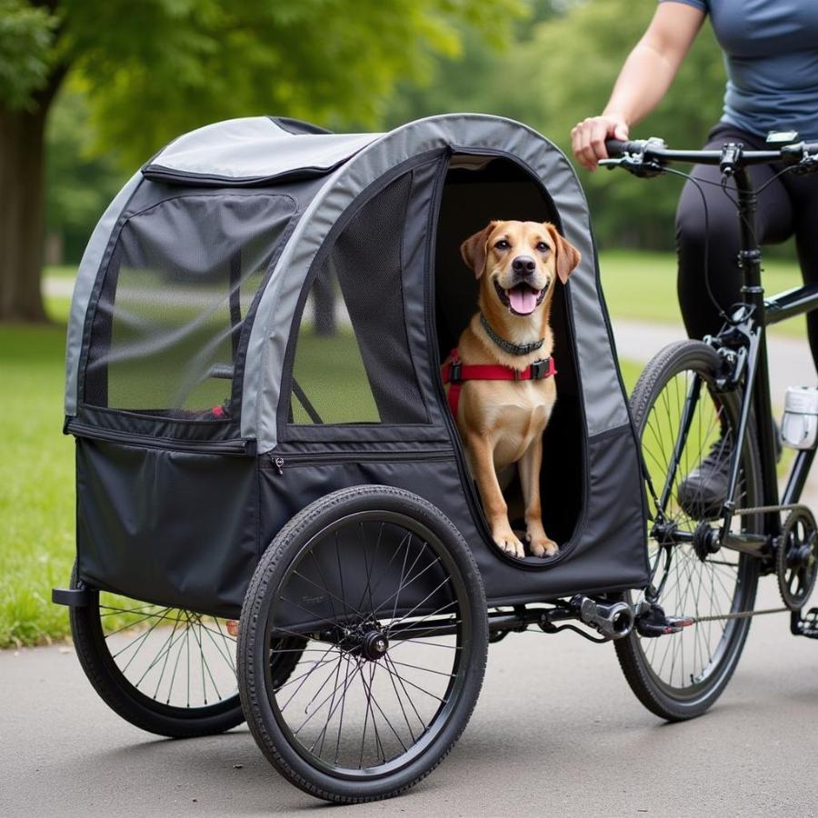 Happy Dog Relaxing in a Bike Trailer