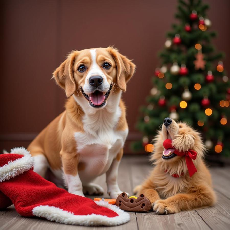 Dog Enjoying Christmas Stocking