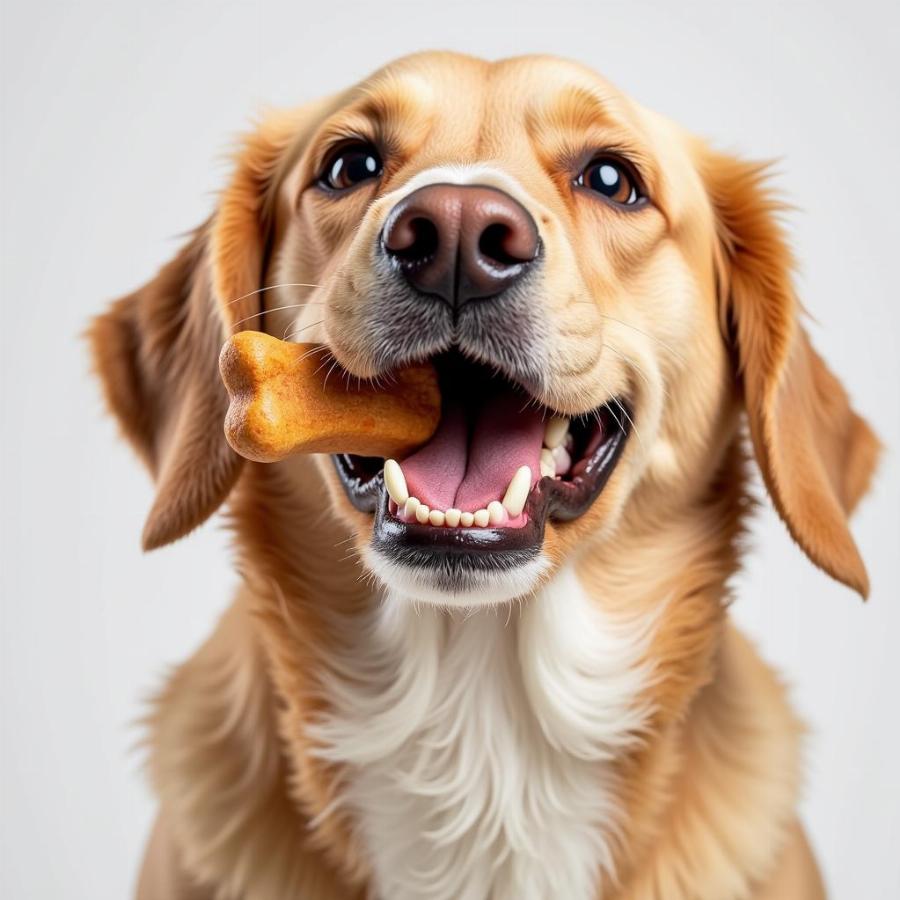 A happy dog chewing on a dental treat